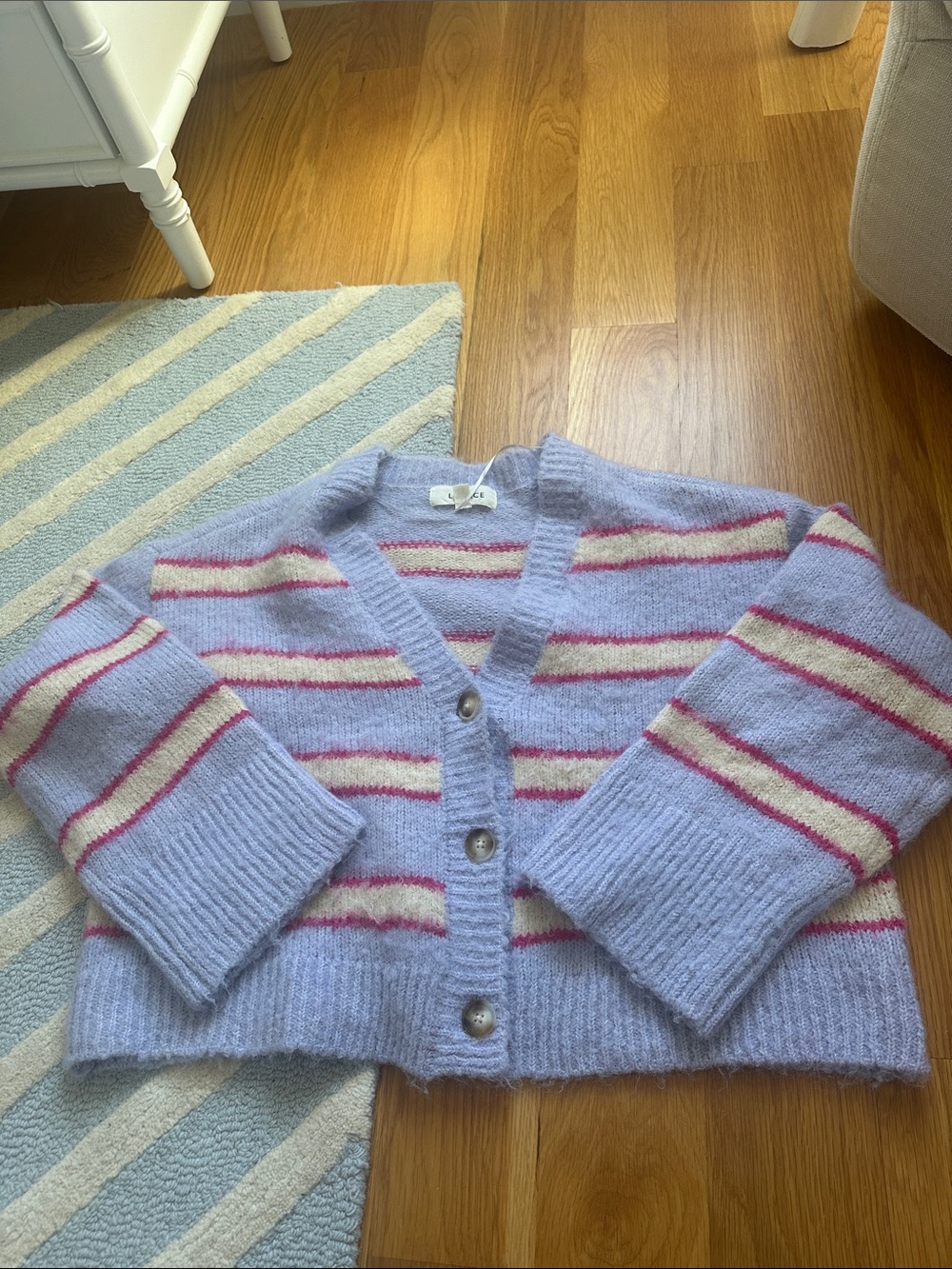 l*space Lavender Stripe Button Cardigan with Cream and Pink Accents